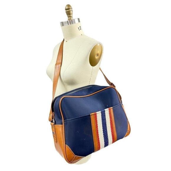 VTG American Luggage Striped Travel Bag Adjustable Strap Blue Brown Vinyl Trim - Picture 9 of 9